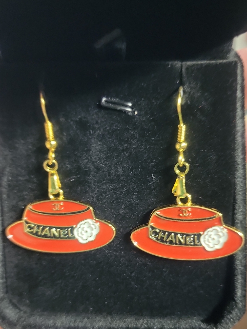 Chanel Red Hat Drop Earrings Euc